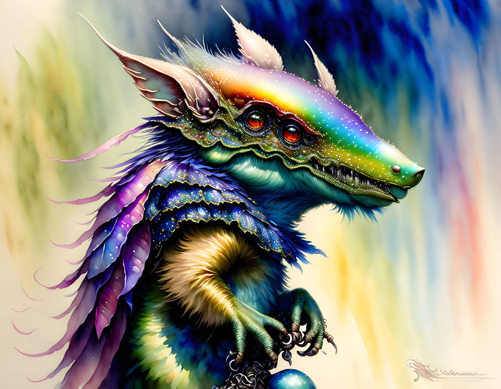 Fantastical creature with iridescent scales and multiple eyes on colorful background