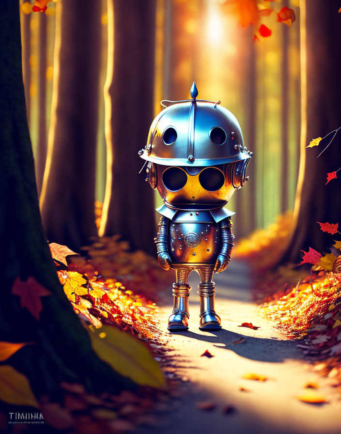 Antiquated design robot walking in sunlit forest