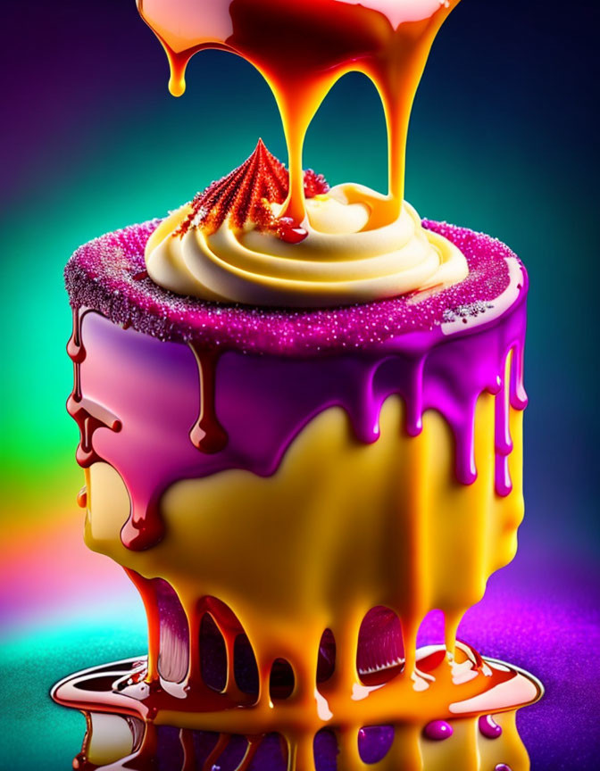 Colorful Cupcake with Purple Frosting and Yellow Glaze on Reflective Surface