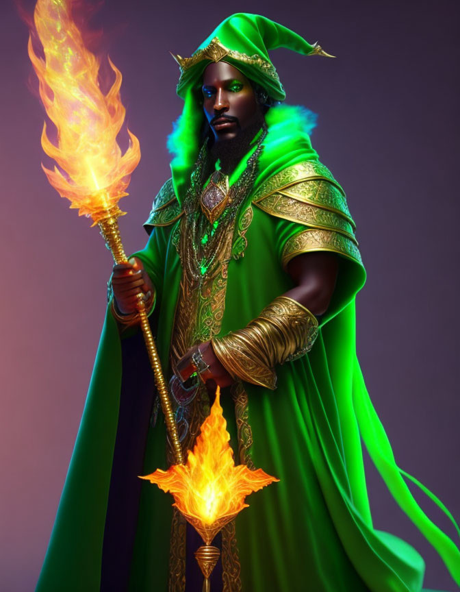 Regal figure in green robe with blazing staff