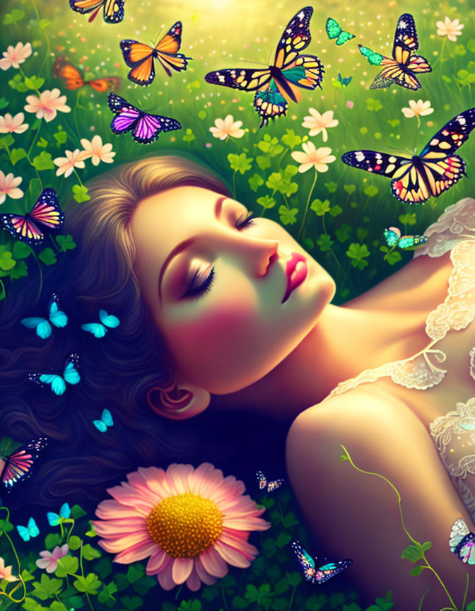 Woman in floral meadow with vibrant butterflies