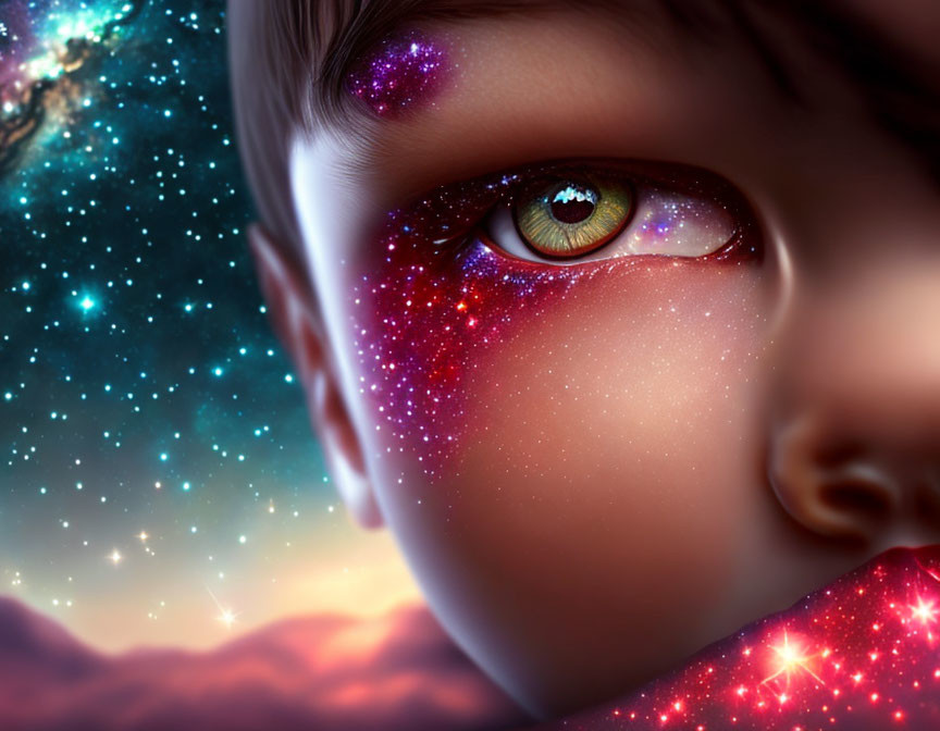 Child's face with cosmic galaxy effect merging into eye and cheek