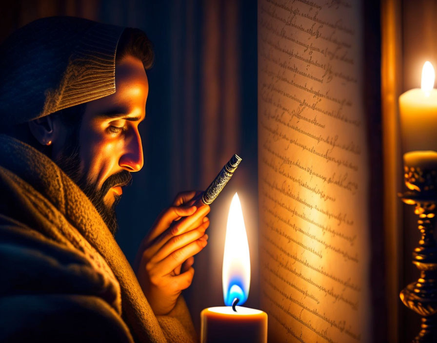 Bearded Man Reading Scroll by Candlelight