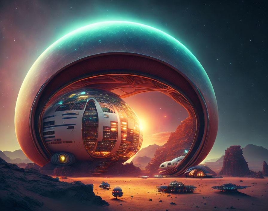 Ring-shaped futuristic structure on desert planet with spacecraft and cosmic backdrop.