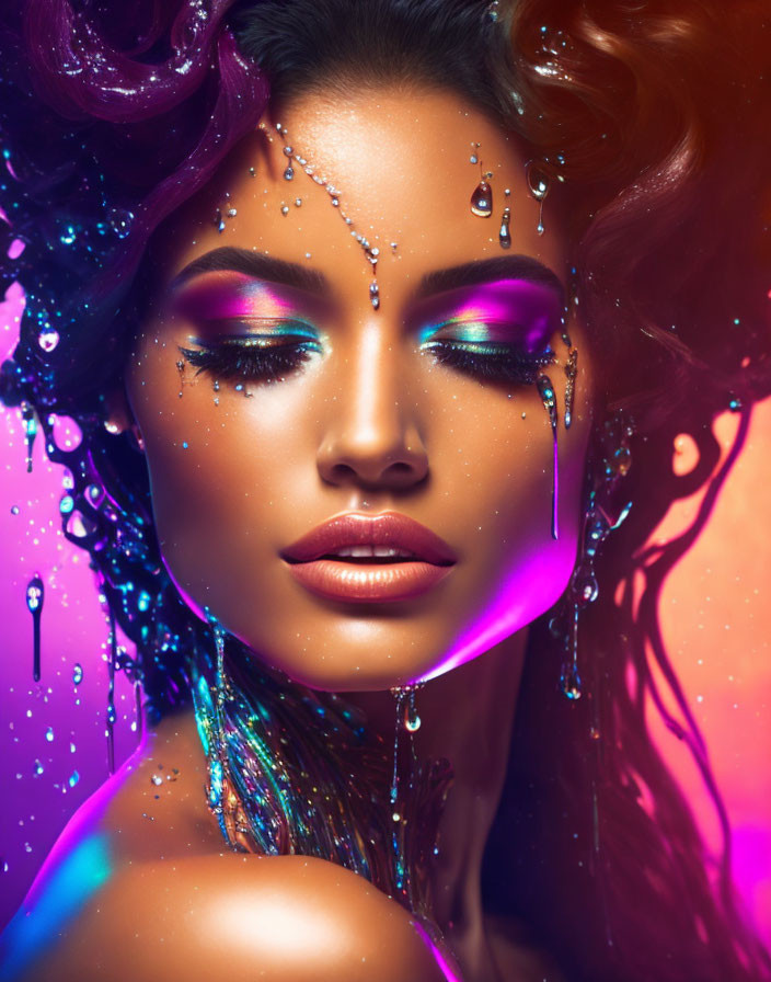 Vibrant makeup woman with glitter and liquid droplets on colorful backdrop.