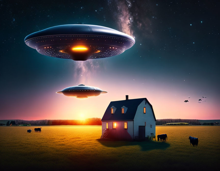 Two UFOs over rural farmhouse at sunset with grazing cattle and starry sky