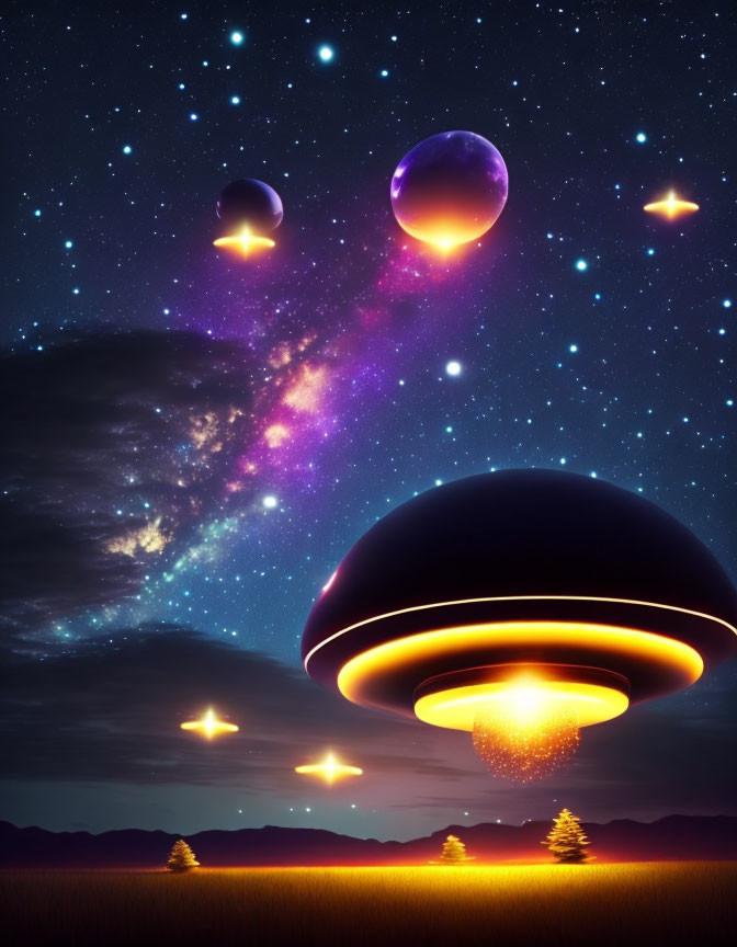 Surreal night landscape with UFO, glowing orbs, and starry sky