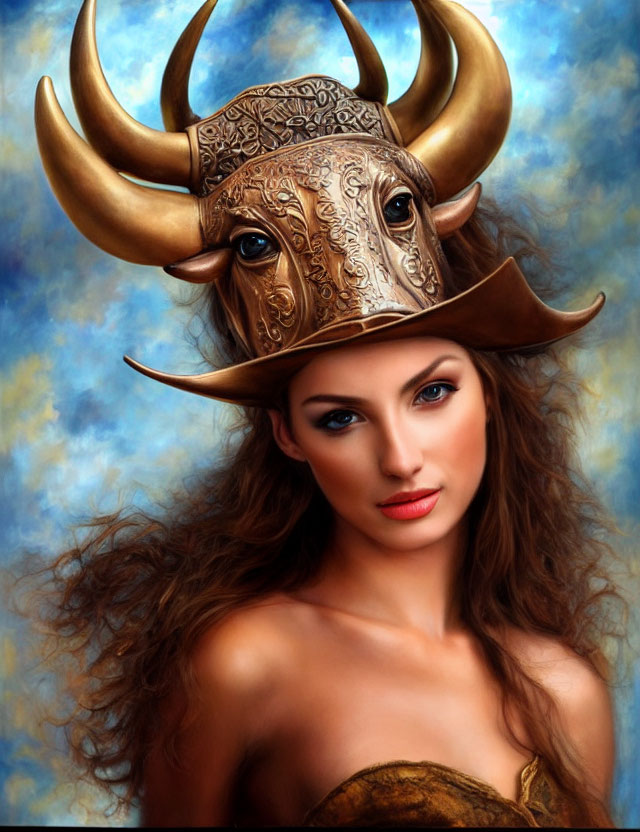 Woman wearing ornate bull mask on blue cloudy background