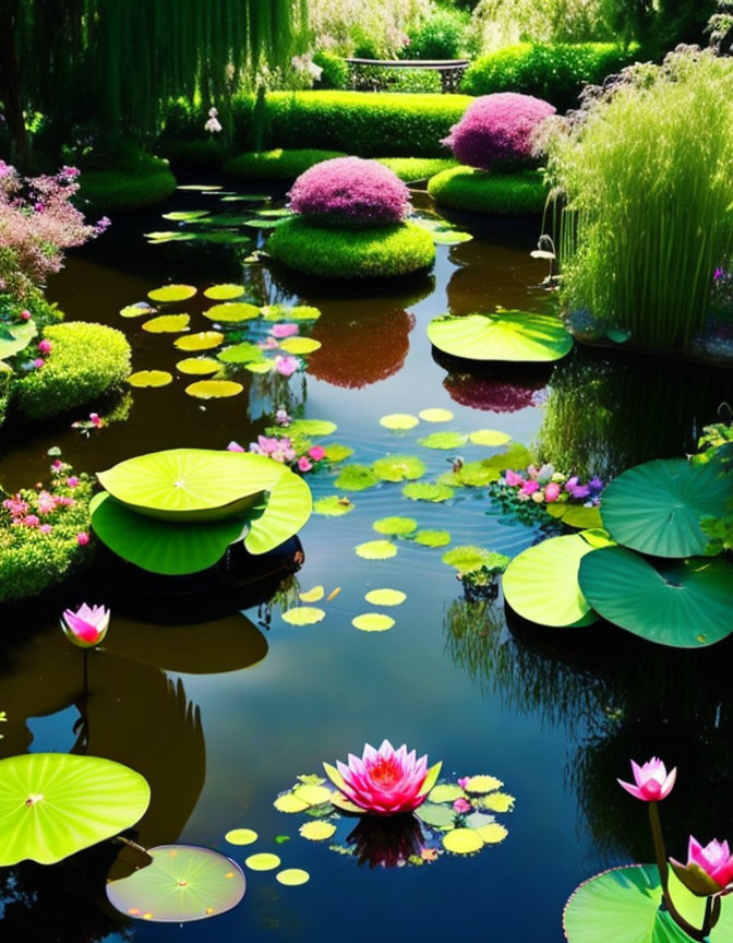 Tranquil pond with green lily pads and pink lotus blooms