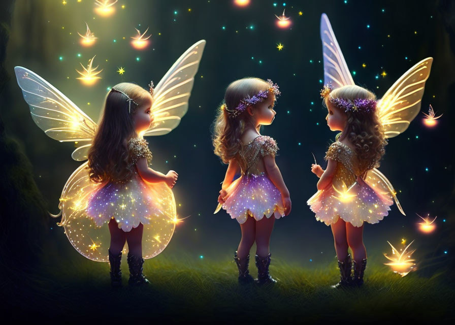 Three glowing-winged fairies in magical forest with floating lights