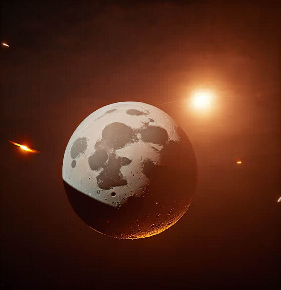 Moon with craters in space illuminated by sun and asteroids