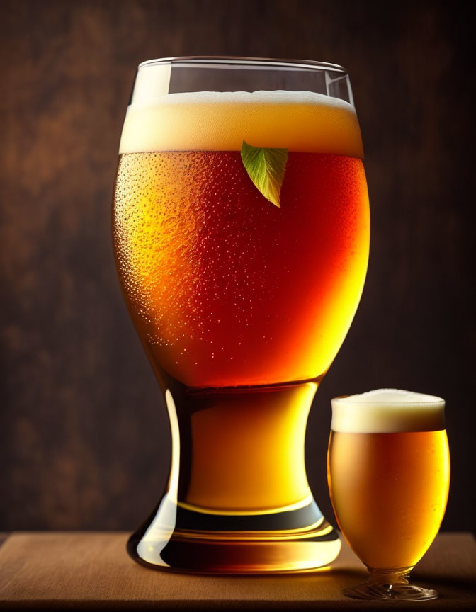 Two glasses of beer on wooden surface with warm lighting