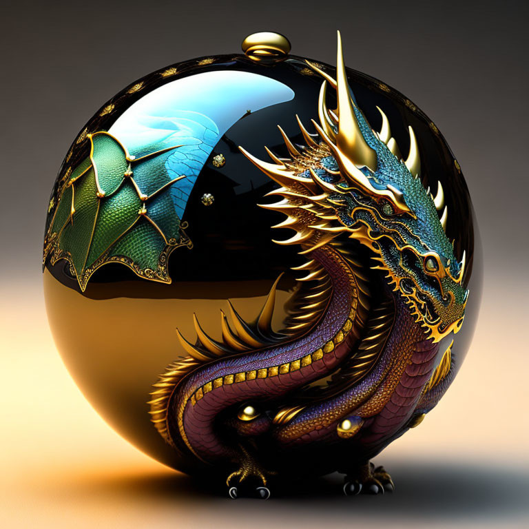 Ornate glossy sphere with gold dragon and green wings