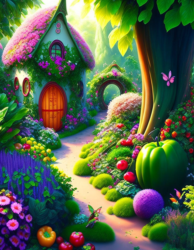 Enchanted forest scene with fairy-tale cottage, butterfly, fruits, and lush plants