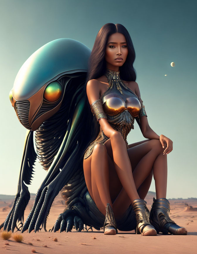 Futuristic woman in golden armor with stylized creature in desert landscape