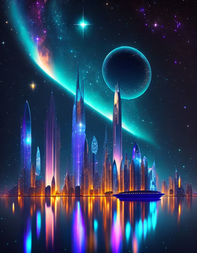 Futuristic cityscape with neon-lit skyscrapers under starry sky