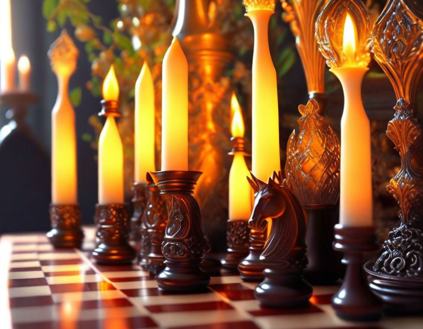 Ornate Candle-shaped Chess Pieces on Dark Background