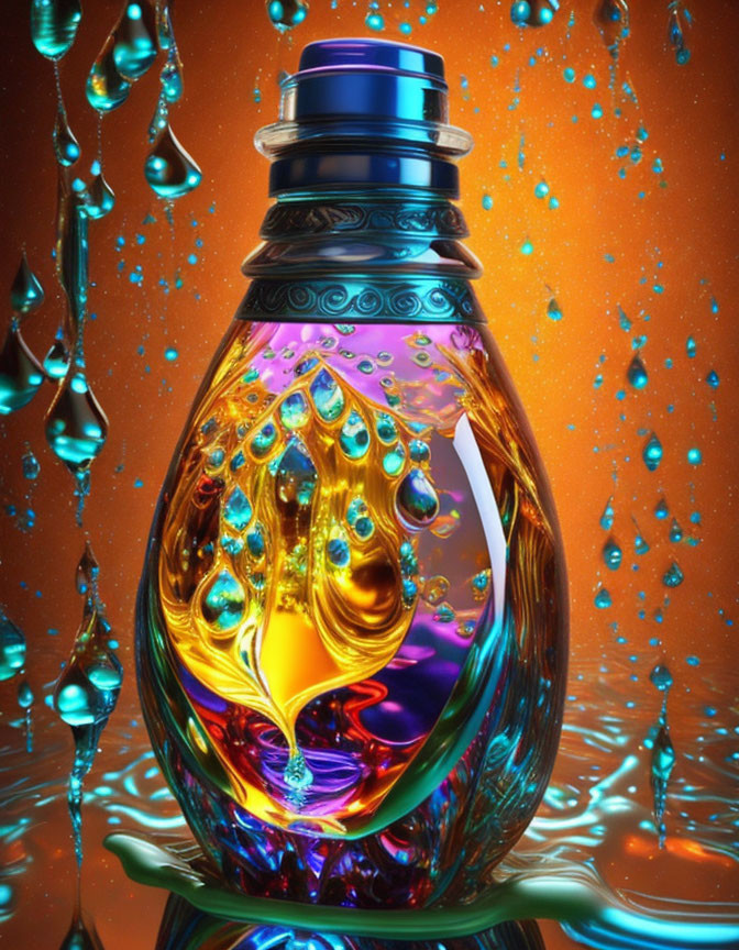 Colorful Potion Bottle with Droplets on Reflective Surface - Orange Background