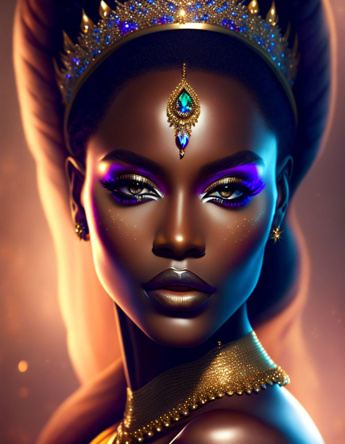 Regal woman digital artwork with vibrant makeup and golden crown