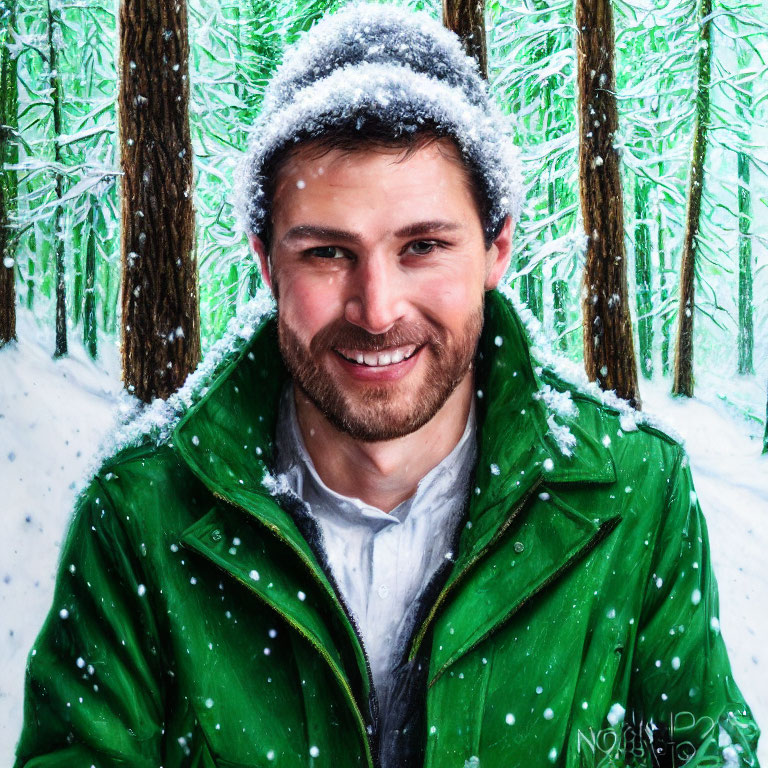 Smiling person in green jacket with snowflakes in snowy forest