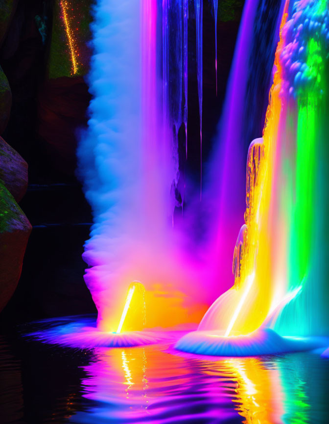 Colorful Illuminated Waterfall with Purple, Blue, Green, and Orange Hues