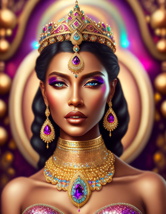 Regal woman with golden crown and purple accents