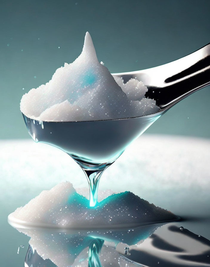 White substance overflowing spoon on teal background with spilled grains.