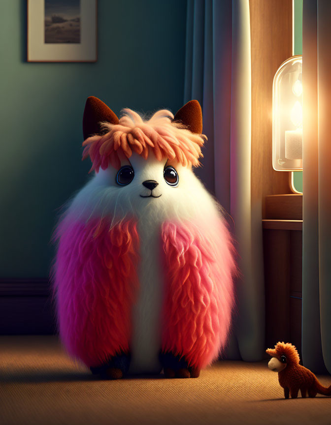 Stylized cartoon dog with fluffy pink and white fur in cozy room