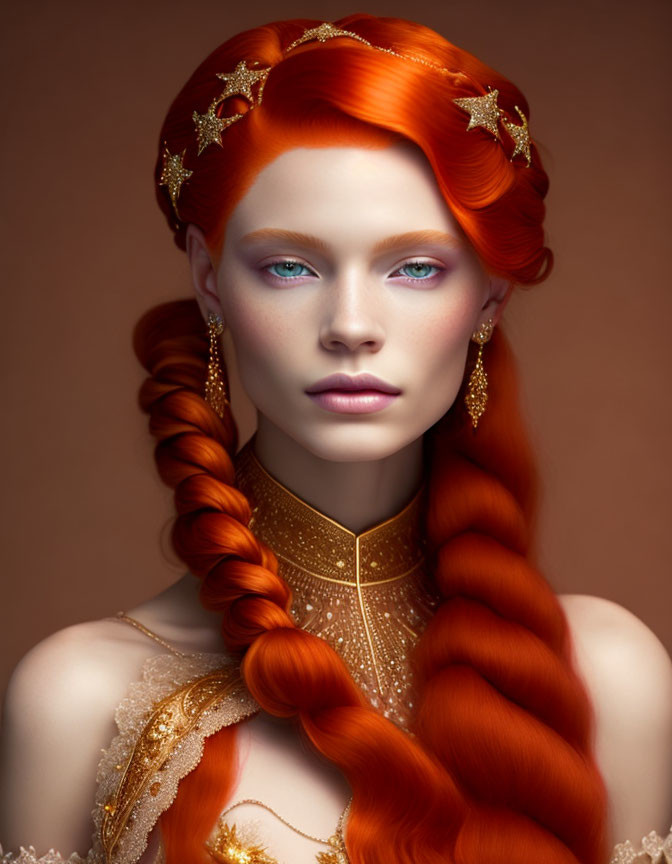 Vibrant red hair in braid with golden accessories and ornate jewelry