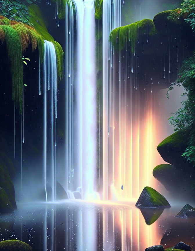 Tranquil waterfall in lush greenery with sunlight piercing through