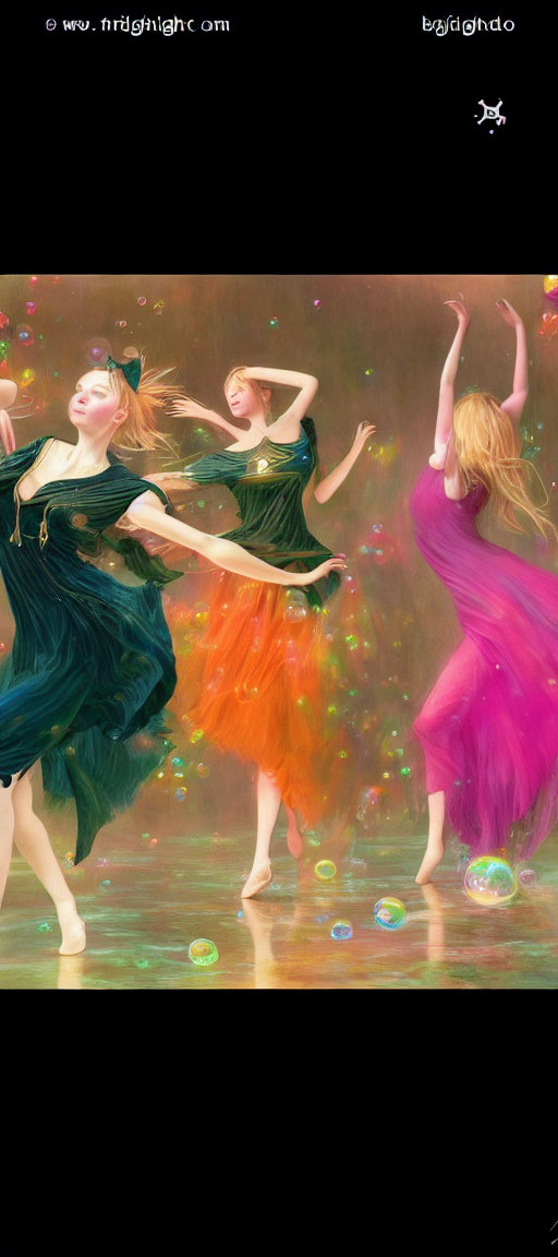 Three Women Dancing in Colorful Dresses Amidst Floating Bubbles