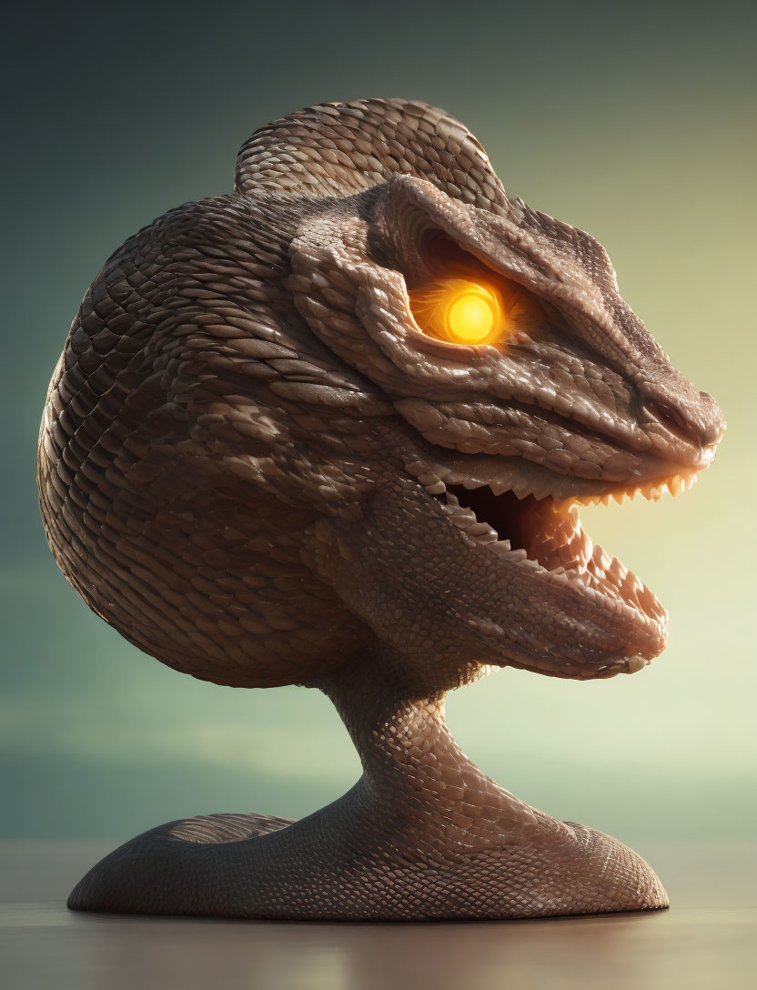 Detailed 3D illustration of reptilian creature with glowing amber eyes