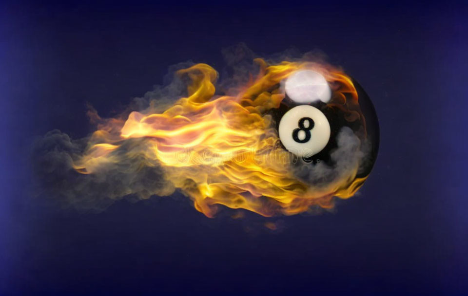 Flaming number 8 billiard ball in space with smoke trail