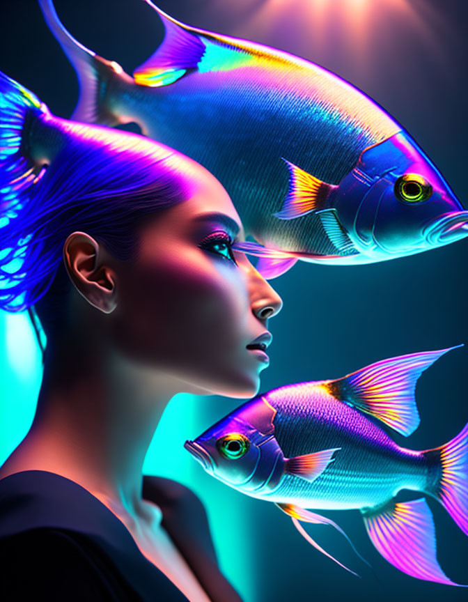 Portrait of Woman with Neon Fish in Dark Blue Background