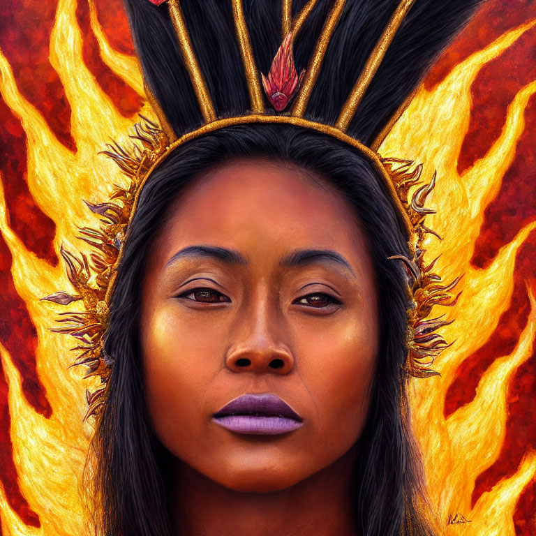 Regal woman with headdress in flames gazes ahead