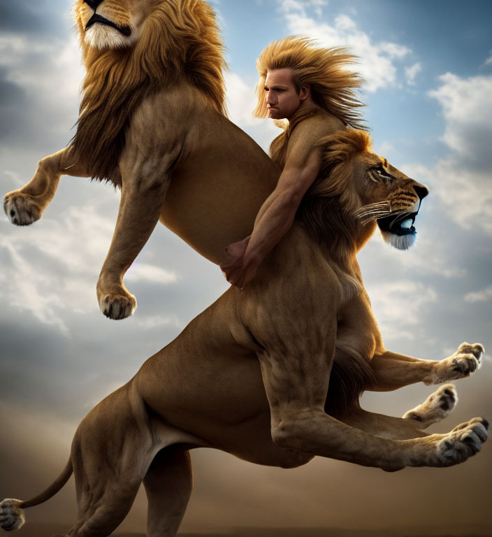 Digital artwork of man with lion's mane merged into roaring lion against cloudy sky