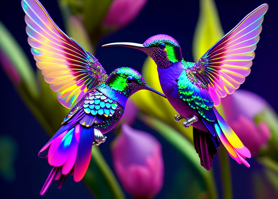 Colorful hummingbirds in flight with outstretched wings, amid purple flowers