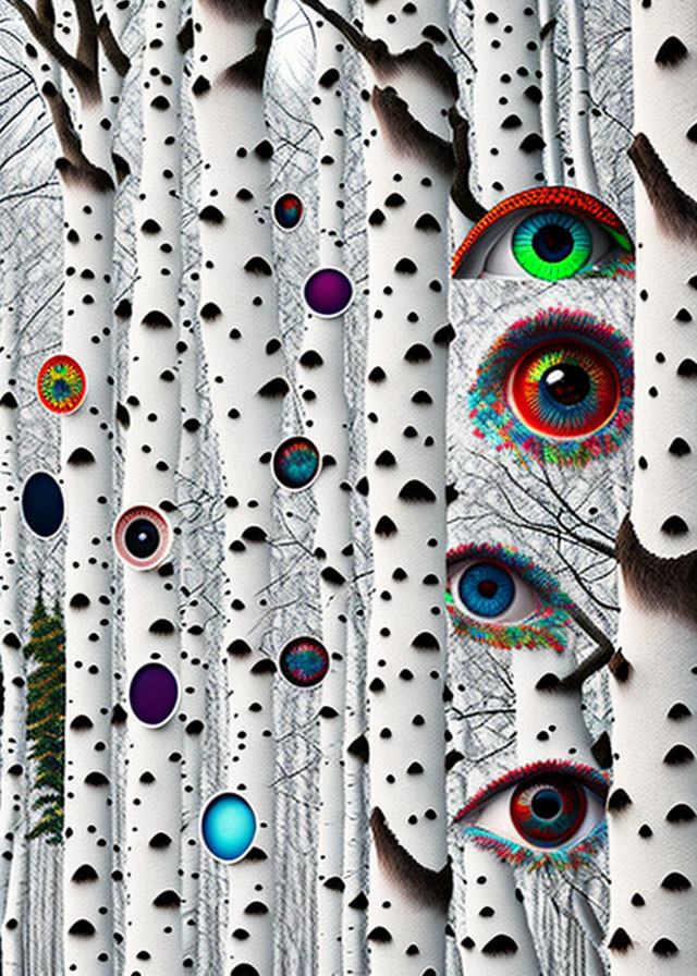 Abstract composition featuring birch tree trunks, colorful orbs, and human eyes