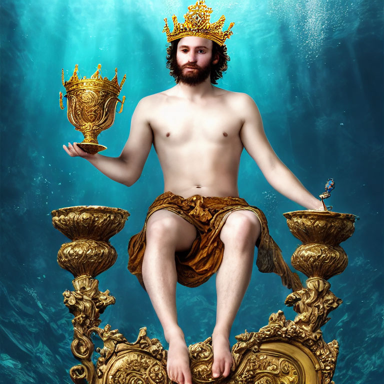 Bearded man on golden throne with crown, holding cup, blue bird nearby