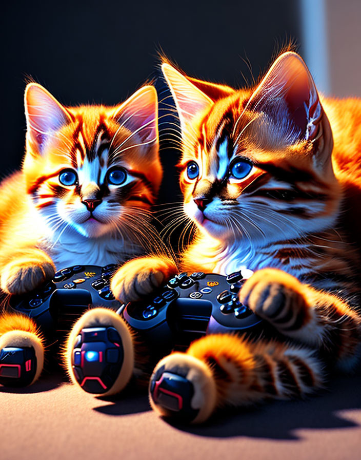 Adorable kittens with blue eyes playing with video game controllers