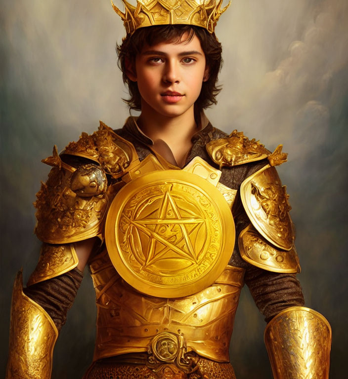 Young person in golden armor with star emblem and crown against cloudy backdrop