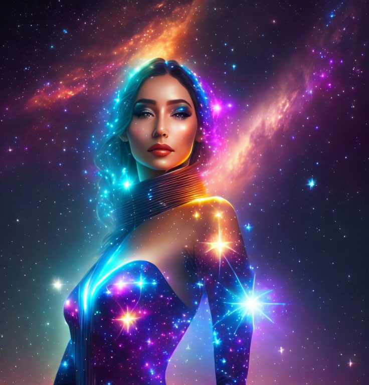 Cosmic-themed woman with stars and nebulae in vibrant space scene