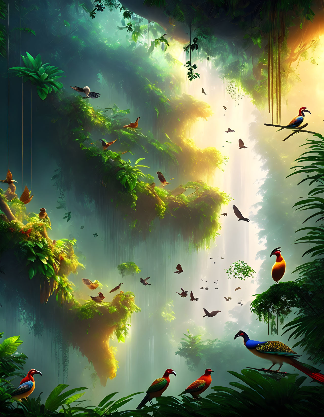 Vibrant jungle scene with cascading water, greenery, sunlight, and colorful birds