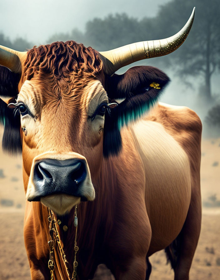 Brown bull with sharp horns, chain, and ear tag in foggy setting