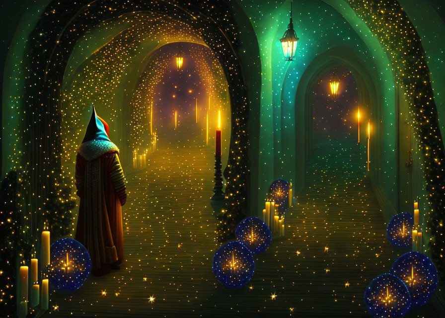 Mysterious cloaked figure in lantern-lit magical corridor