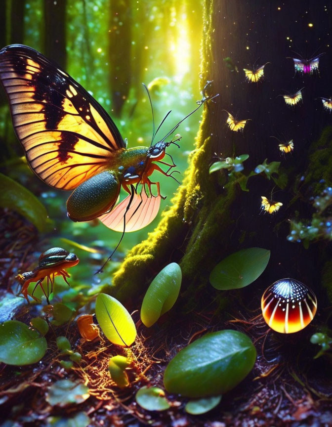 Vibrant butterfly, glowing beetles, and luminescent plants in enchanted forest