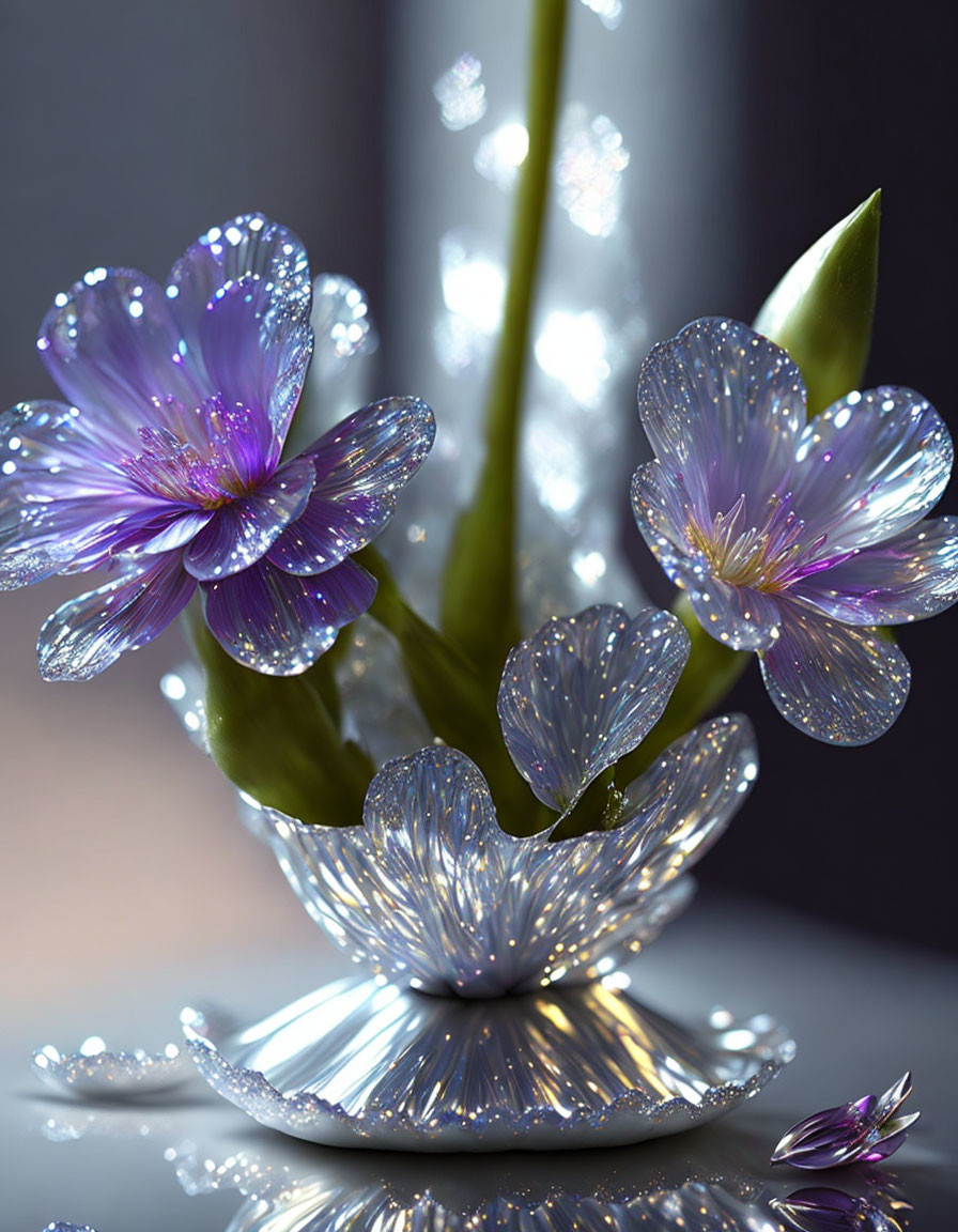 Crystal Flower Arrangement with Purple Accents and Shimmering Petals