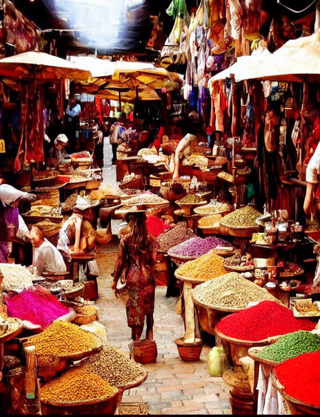 Vibrant spices and bustling market scene with warm lighting.