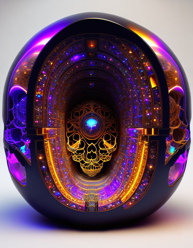 Digital art: Spherical structure with gold details and blue-eyed skull