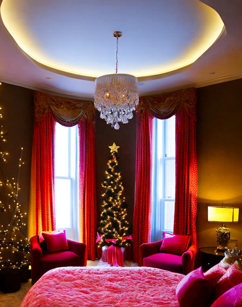 Luxurious Festive Bedroom with Crystal Chandelier & Christmas Decor